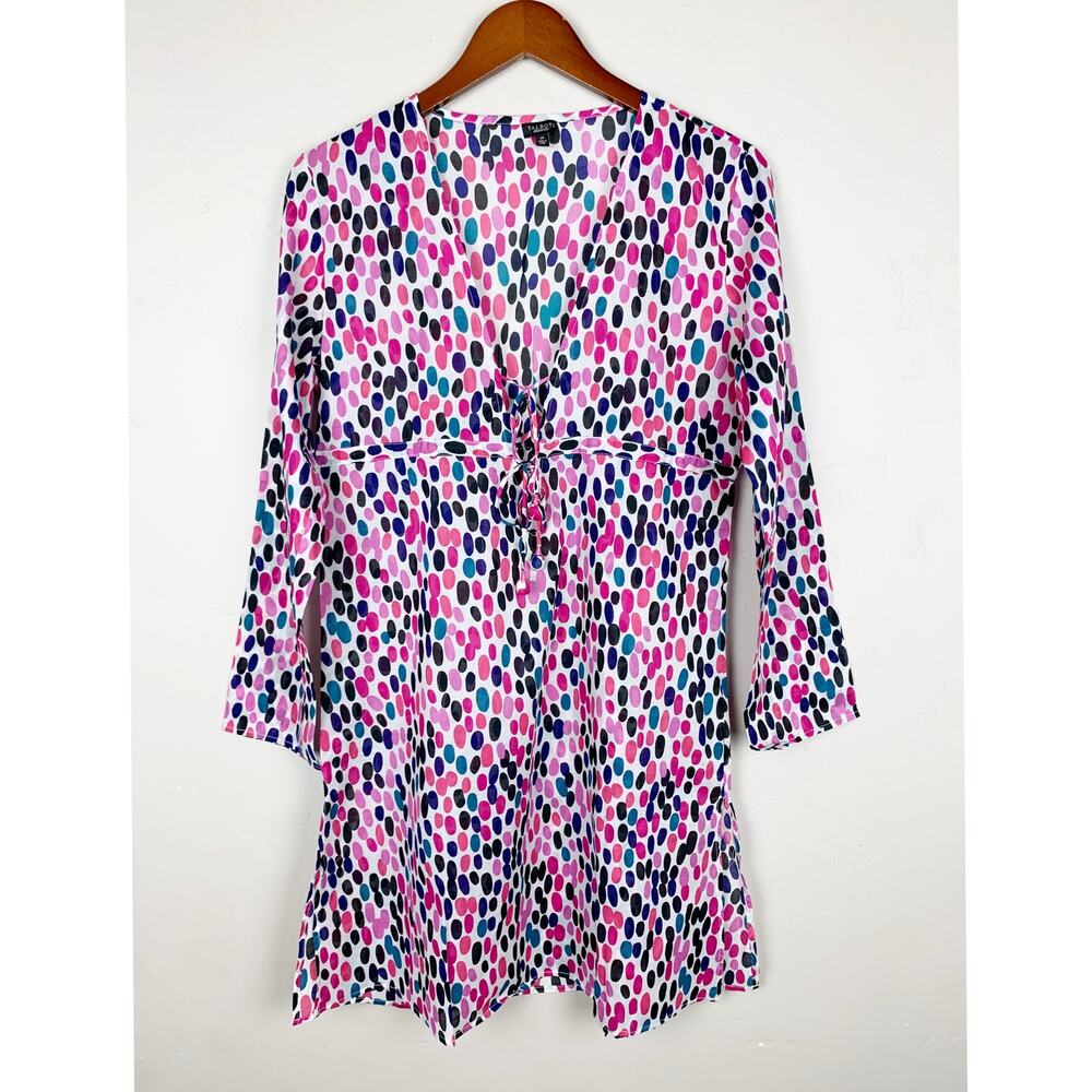 Talbots Cover Up White Pink Spotted Cotton Long Sleeve Tie Front Tunic Women's M
